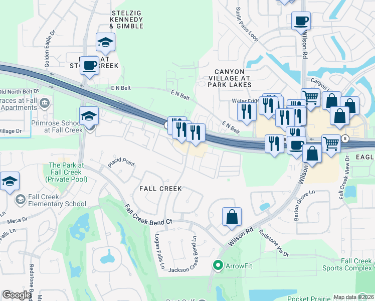 map of restaurants, bars, coffee shops, grocery stores, and more near 14591 Bellow Falls Lane in Humble