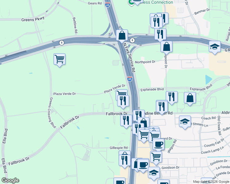 map of restaurants, bars, coffee shops, grocery stores, and more near 11500 Green Plaza Drive in Houston