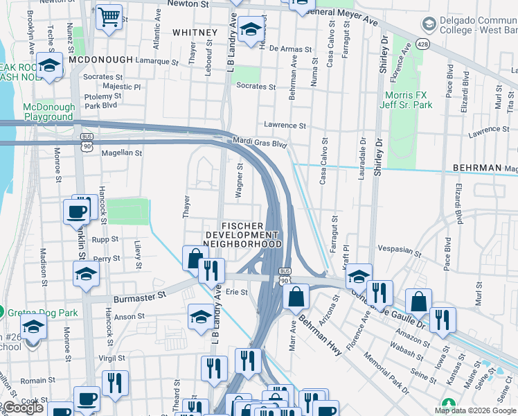 map of restaurants, bars, coffee shops, grocery stores, and more near 1916 Hendee Street in New Orleans
