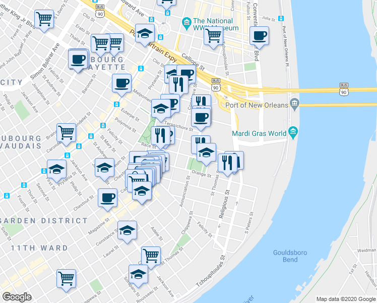 map of restaurants, bars, coffee shops, grocery stores, and more near in New Orleans