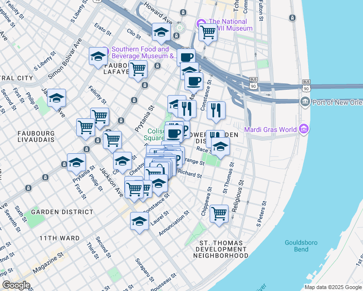 map of restaurants, bars, coffee shops, grocery stores, and more near in New Orleans