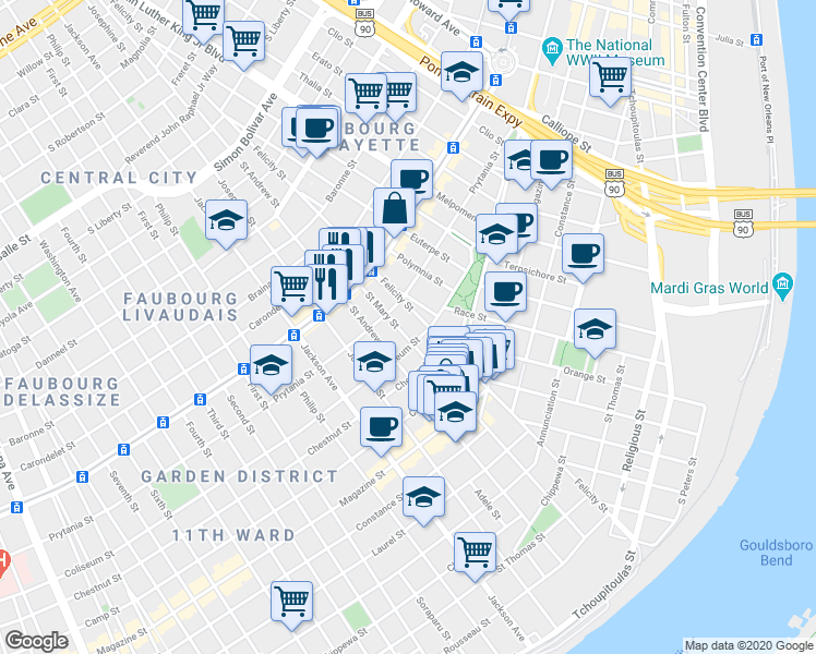 map of restaurants, bars, coffee shops, grocery stores, and more near 1401 Saint Andrew Street in New Orleans