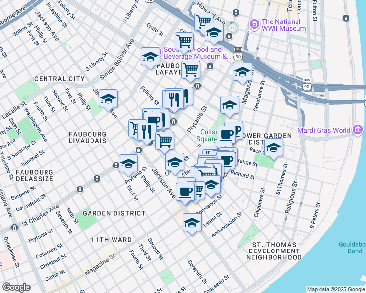 map of restaurants, bars, coffee shops, grocery stores, and more near 1401 Saint Andrew Street in New Orleans