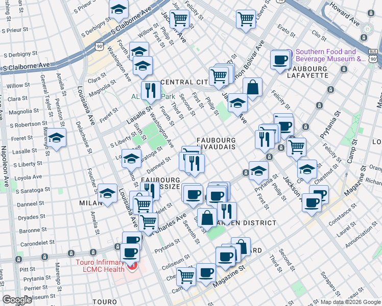 map of restaurants, bars, coffee shops, grocery stores, and more near 1901 Fourth Street in New Orleans