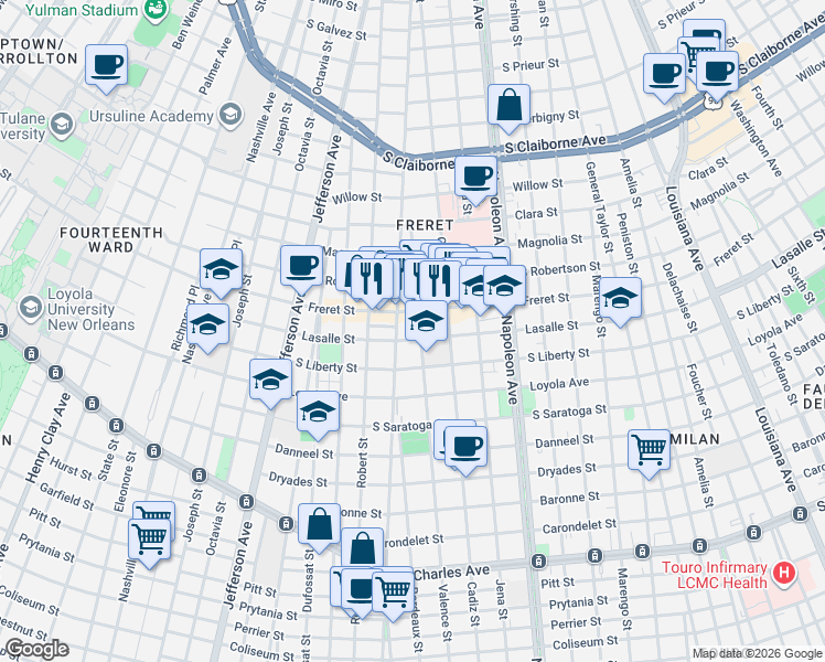 map of restaurants, bars, coffee shops, grocery stores, and more near 2400 Valence Street in New Orleans