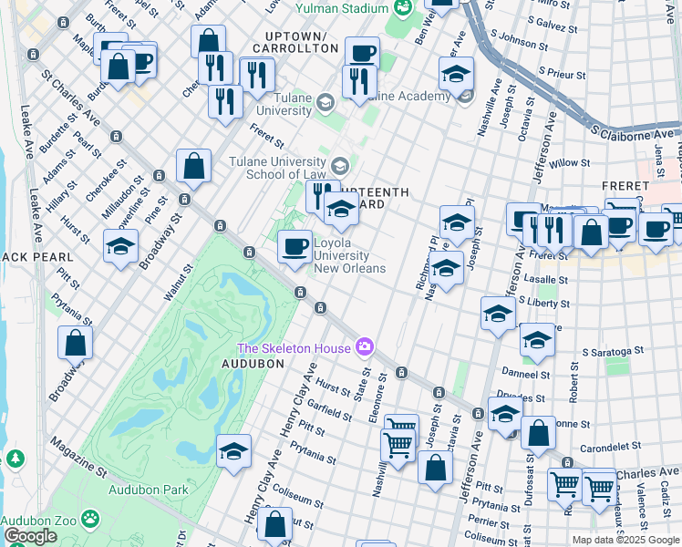 map of restaurants, bars, coffee shops, grocery stores, and more near 1729 Calhoun Street in New Orleans