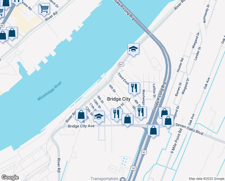 map of restaurants, bars, coffee shops, grocery stores, and more near 132 6th Street in Bridge City