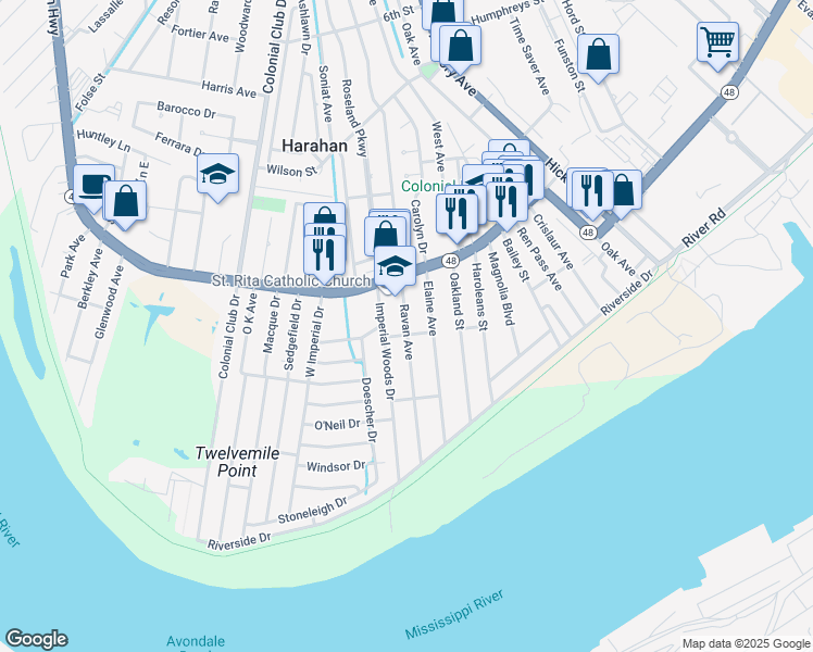 map of restaurants, bars, coffee shops, grocery stores, and more near 167 Ravan Avenue in Harahan