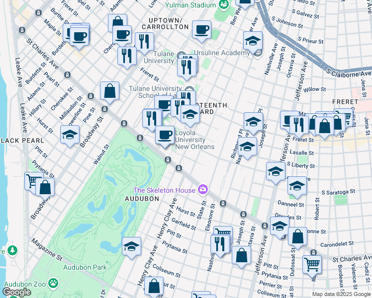 map of restaurants, bars, coffee shops, grocery stores, and more near 1729 Calhoun Street in New Orleans