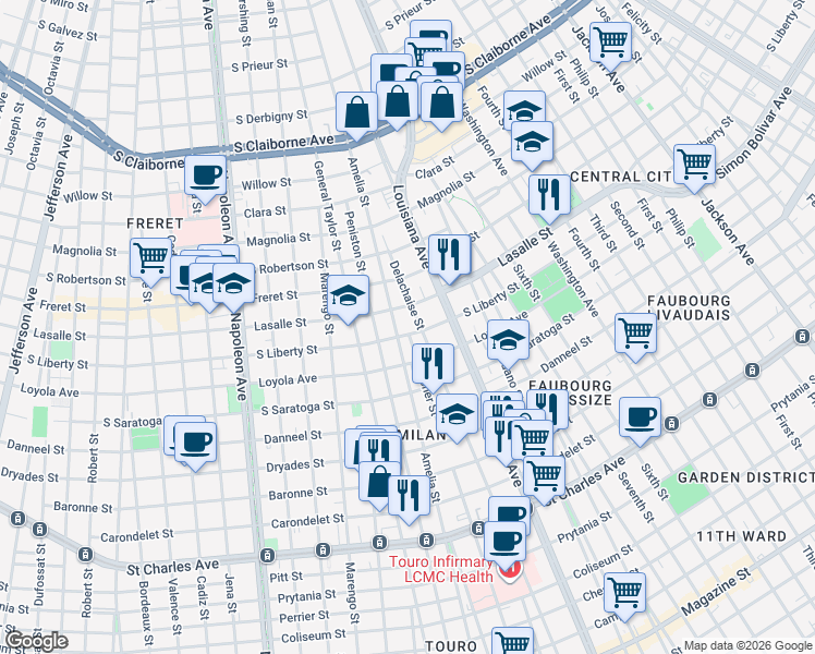 map of restaurants, bars, coffee shops, grocery stores, and more near 2239 Foucher Street in New Orleans