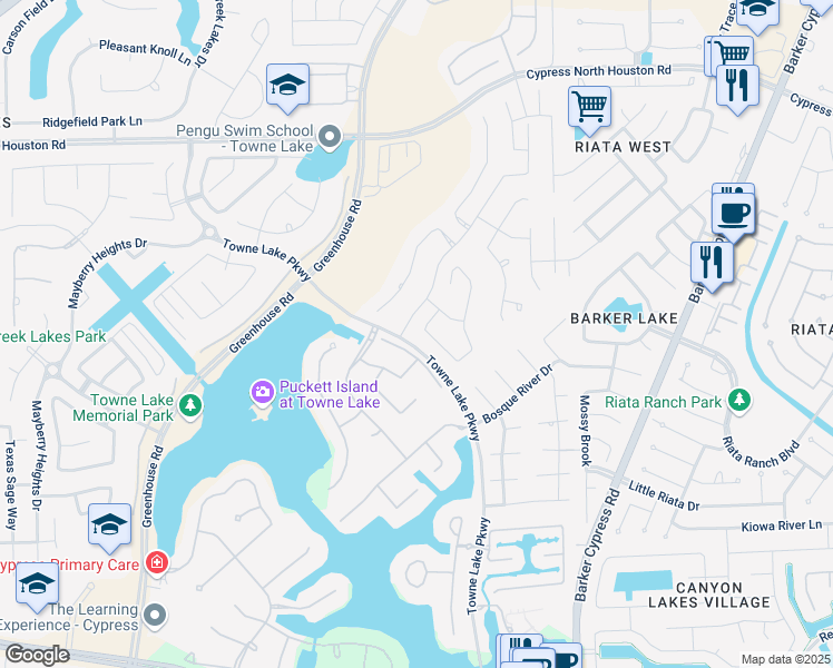 map of restaurants, bars, coffee shops, grocery stores, and more near 10731 Mason Dale Drive in Cypress