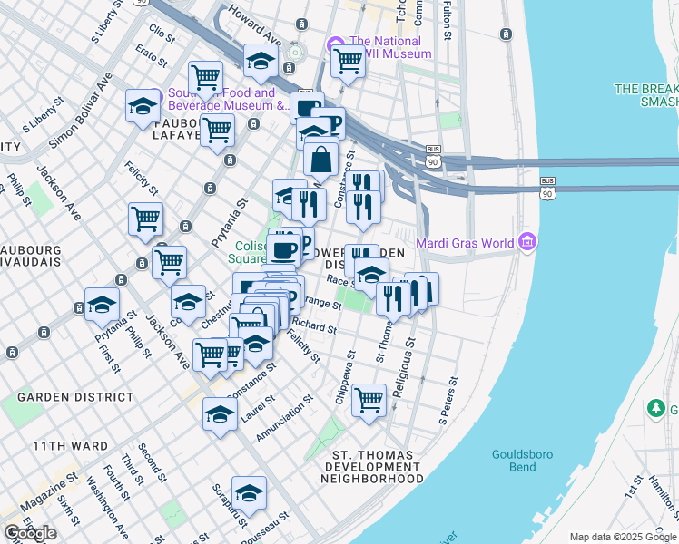 map of restaurants, bars, coffee shops, grocery stores, and more near in New Orleans