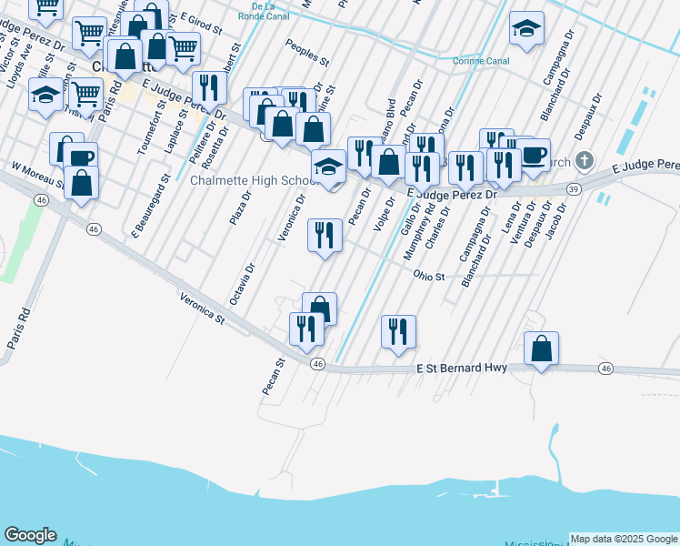 map of restaurants, bars, coffee shops, grocery stores, and more near 2221 Riverland Drive in Chalmette