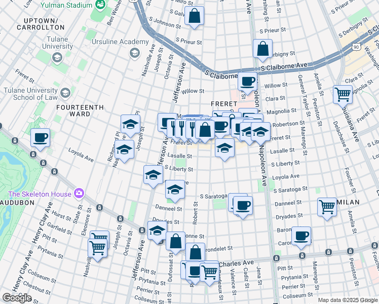 map of restaurants, bars, coffee shops, grocery stores, and more near 2215 Soniat Street in New Orleans