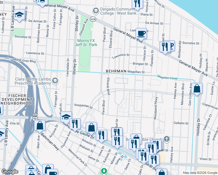 map of restaurants, bars, coffee shops, grocery stores, and more near 2902 Wall Boulevard in New Orleans