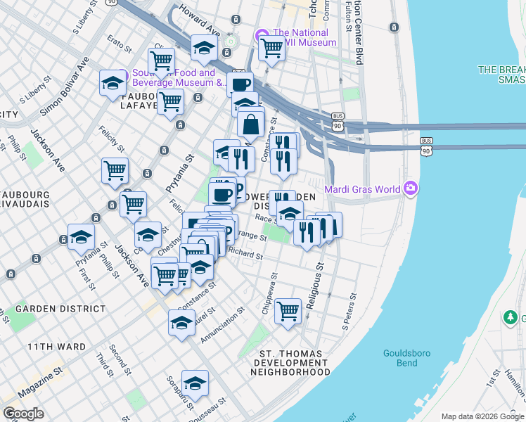 map of restaurants, bars, coffee shops, grocery stores, and more near in New Orleans