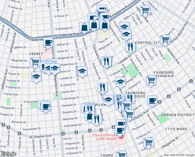 map of restaurants, bars, coffee shops, grocery stores, and more near 2239 Foucher Street in New Orleans