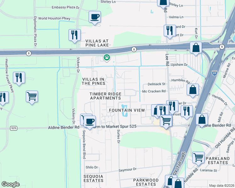map of restaurants, bars, coffee shops, grocery stores, and more near 5410 Indianola Drive in Houston