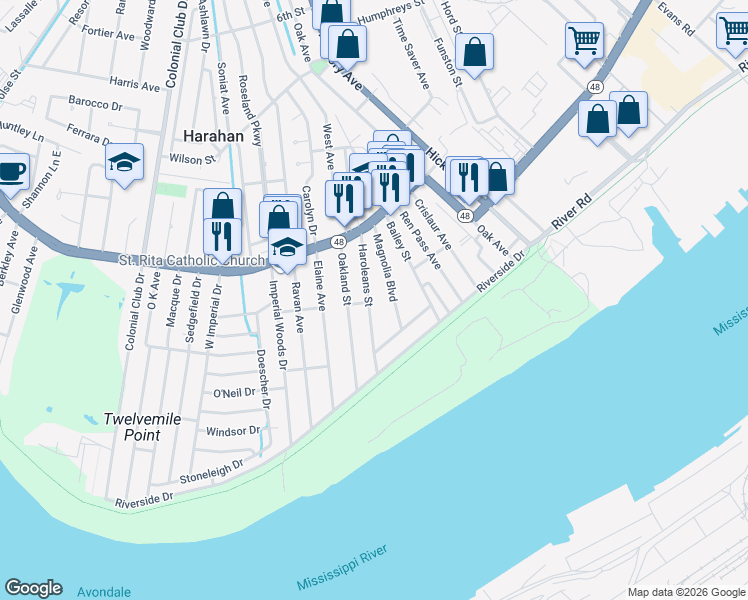 map of restaurants, bars, coffee shops, grocery stores, and more near 92 Haroleans Street in Harahan