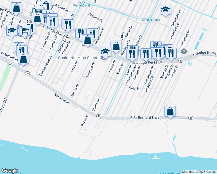 map of restaurants, bars, coffee shops, grocery stores, and more near 2221 Riverland Drive in Chalmette