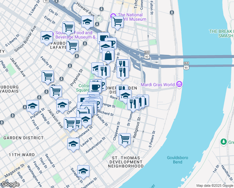 map of restaurants, bars, coffee shops, grocery stores, and more near 1461 Annunciation Street in New Orleans