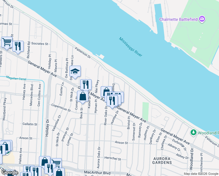 map of restaurants, bars, coffee shops, grocery stores, and more near 1830 River Oaks Drive in New Orleans