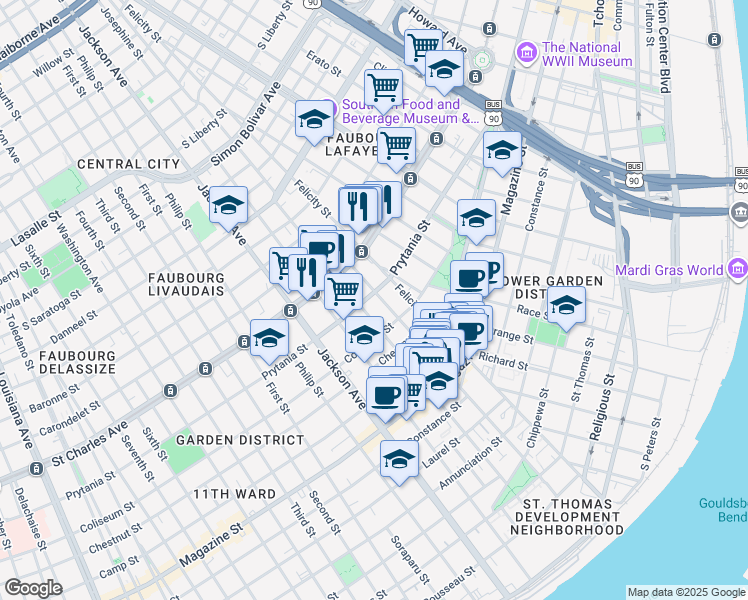 map of restaurants, bars, coffee shops, grocery stores, and more near 1401 Saint Andrew Street in New Orleans