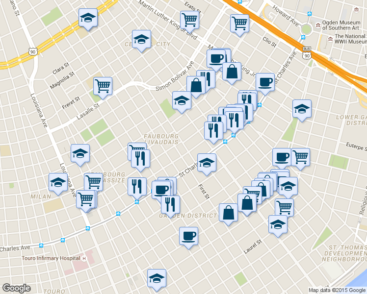 map of restaurants, bars, coffee shops, grocery stores, and more near 2264 Carondelet Street in New Orleans