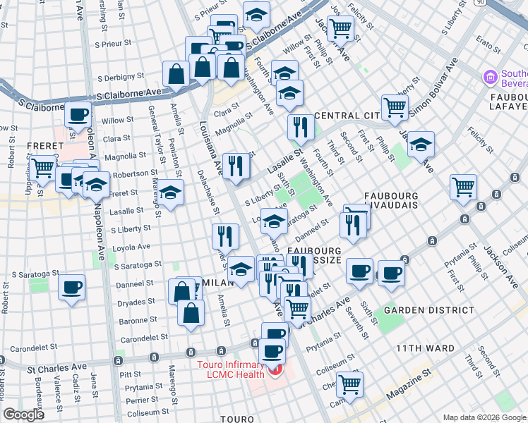 map of restaurants, bars, coffee shops, grocery stores, and more near 3232 Loyola Avenue in New Orleans