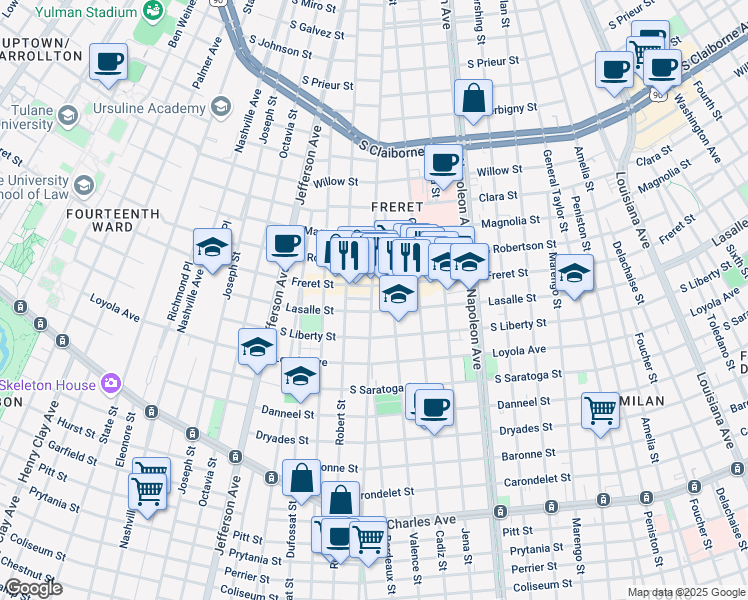 map of restaurants, bars, coffee shops, grocery stores, and more near 2400 Valence Street in New Orleans