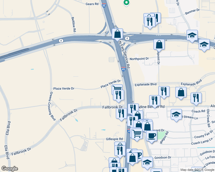 map of restaurants, bars, coffee shops, grocery stores, and more near 11500 Green Plaza Drive in Houston