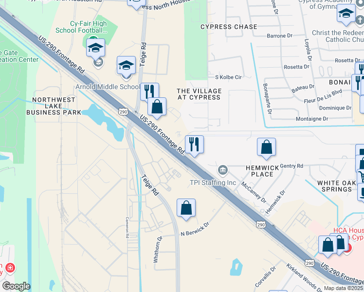 map of restaurants, bars, coffee shops, grocery stores, and more near 14639 Fallbrook Drive in Houston