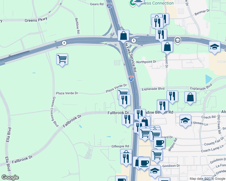 map of restaurants, bars, coffee shops, grocery stores, and more near 11500 Green Plaza Drive in Houston