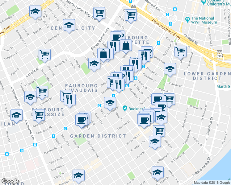 map of restaurants, bars, coffee shops, grocery stores, and more near 2133 St Charles Ave in New Orleans