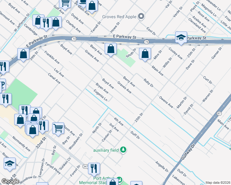 map of restaurants, bars, coffee shops, grocery stores, and more near 3030 Bryan Avenue in Groves