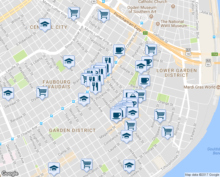 map of restaurants, bars, coffee shops, grocery stores, and more near 1901 Prytania Street in New Orleans