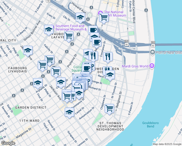 map of restaurants, bars, coffee shops, grocery stores, and more near in New Orleans