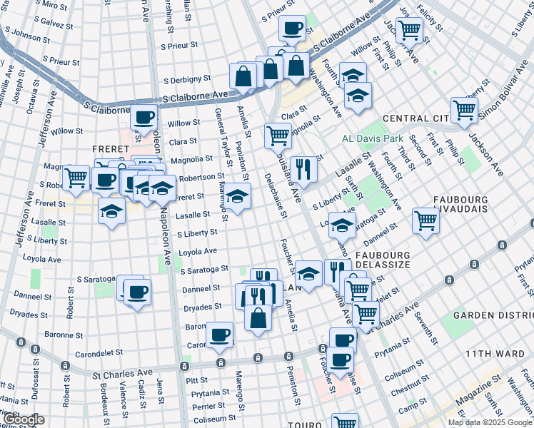 map of restaurants, bars, coffee shops, grocery stores, and more near 2322 Amelia Street in New Orleans