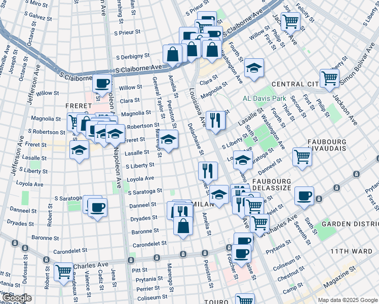 map of restaurants, bars, coffee shops, grocery stores, and more near 2322 Amelia Street in New Orleans
