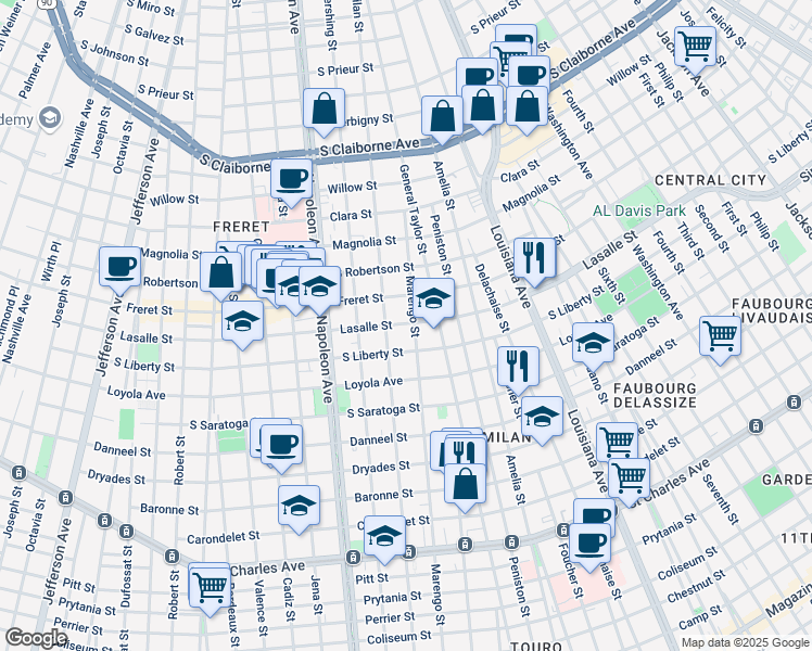 map of restaurants, bars, coffee shops, grocery stores, and more near 2300 General Taylor in New Orleans