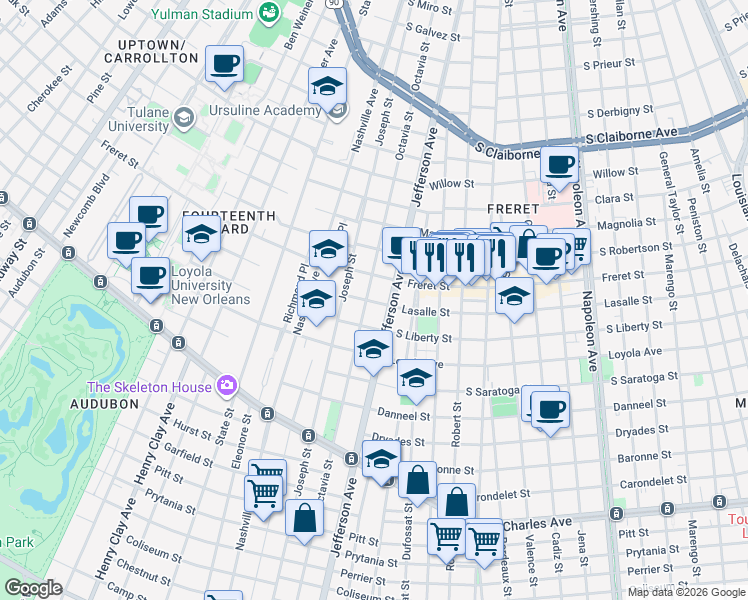 map of restaurants, bars, coffee shops, grocery stores, and more near 2119 Octavia Street in New Orleans