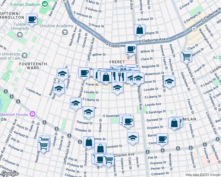 map of restaurants, bars, coffee shops, grocery stores, and more near 2427 Upperline Street in New Orleans