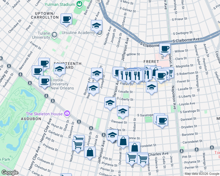 map of restaurants, bars, coffee shops, grocery stores, and more near 2119 Octavia Street in New Orleans
