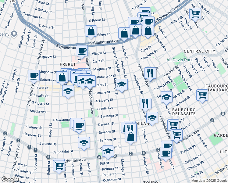 map of restaurants, bars, coffee shops, grocery stores, and more near 2300 General Taylor in New Orleans