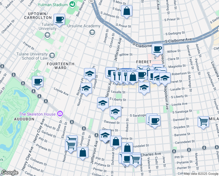 map of restaurants, bars, coffee shops, grocery stores, and more near 5316 Lasalle Street in New Orleans