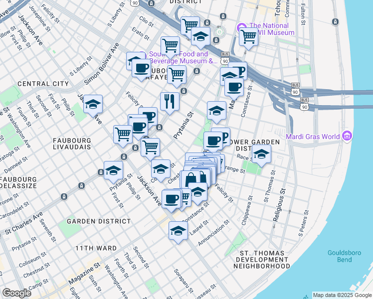 map of restaurants, bars, coffee shops, grocery stores, and more near 1783 Coliseum Street in New Orleans