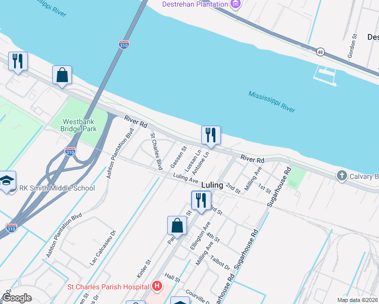 map of restaurants, bars, coffee shops, grocery stores, and more near 117 Gassen Street in Luling