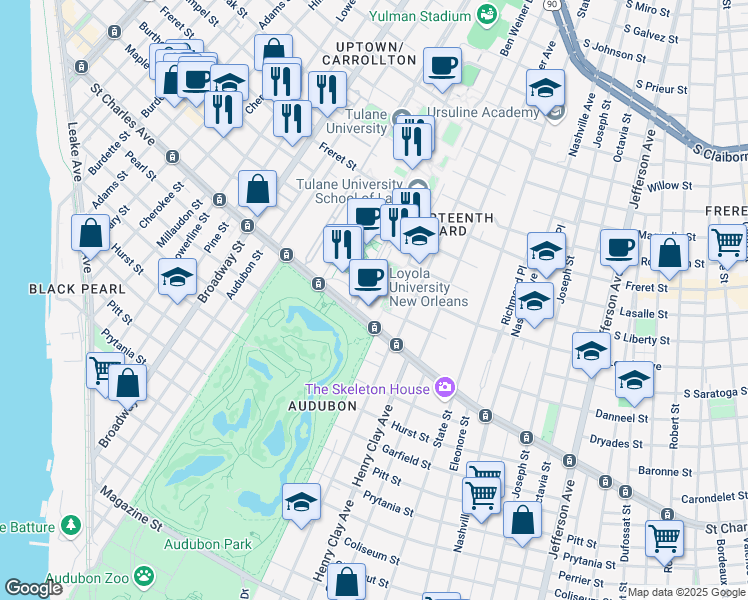 map of restaurants, bars, coffee shops, grocery stores, and more near 6363 Saint Charles Avenue in New Orleans