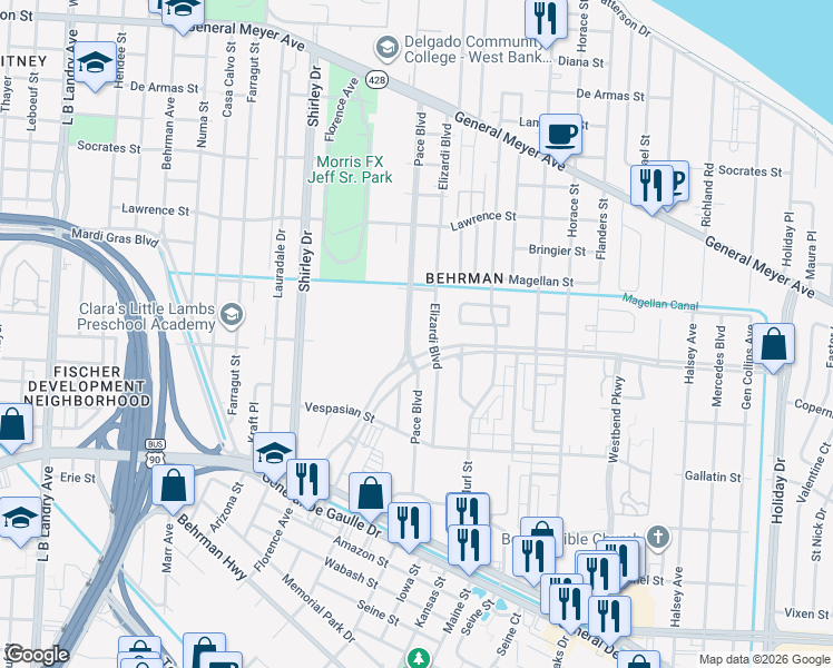 map of restaurants, bars, coffee shops, grocery stores, and more near 2902 Wall Boulevard in New Orleans