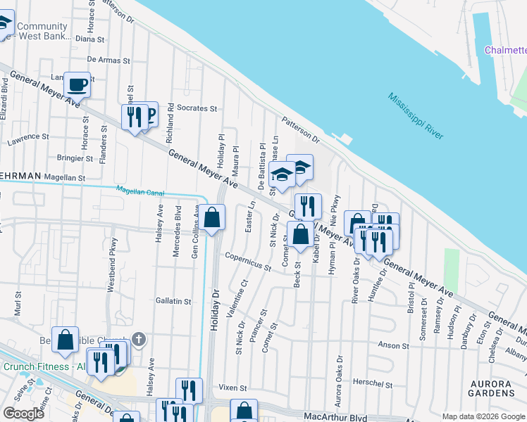 map of restaurants, bars, coffee shops, grocery stores, and more near 2010 Valentine Court in New Orleans